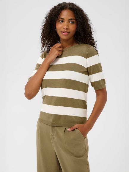 KAFFE Lizza Stripe Crew Neck Jumper, Dusky Green/ White