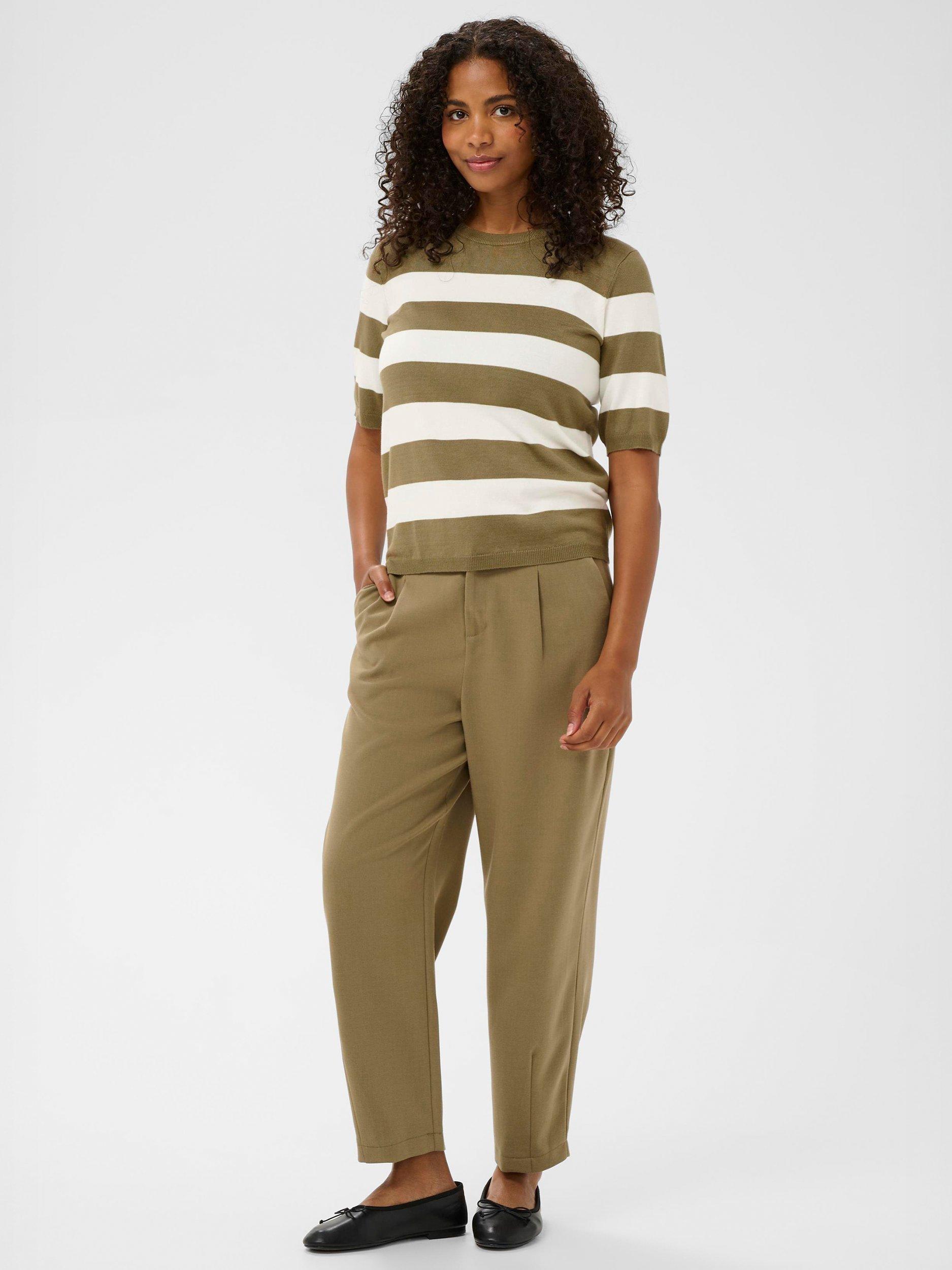 Product image 3 of 6, which shows KAFFE Lizza Stripe Crew Neck Jumper, Dusky Green/ White, XS