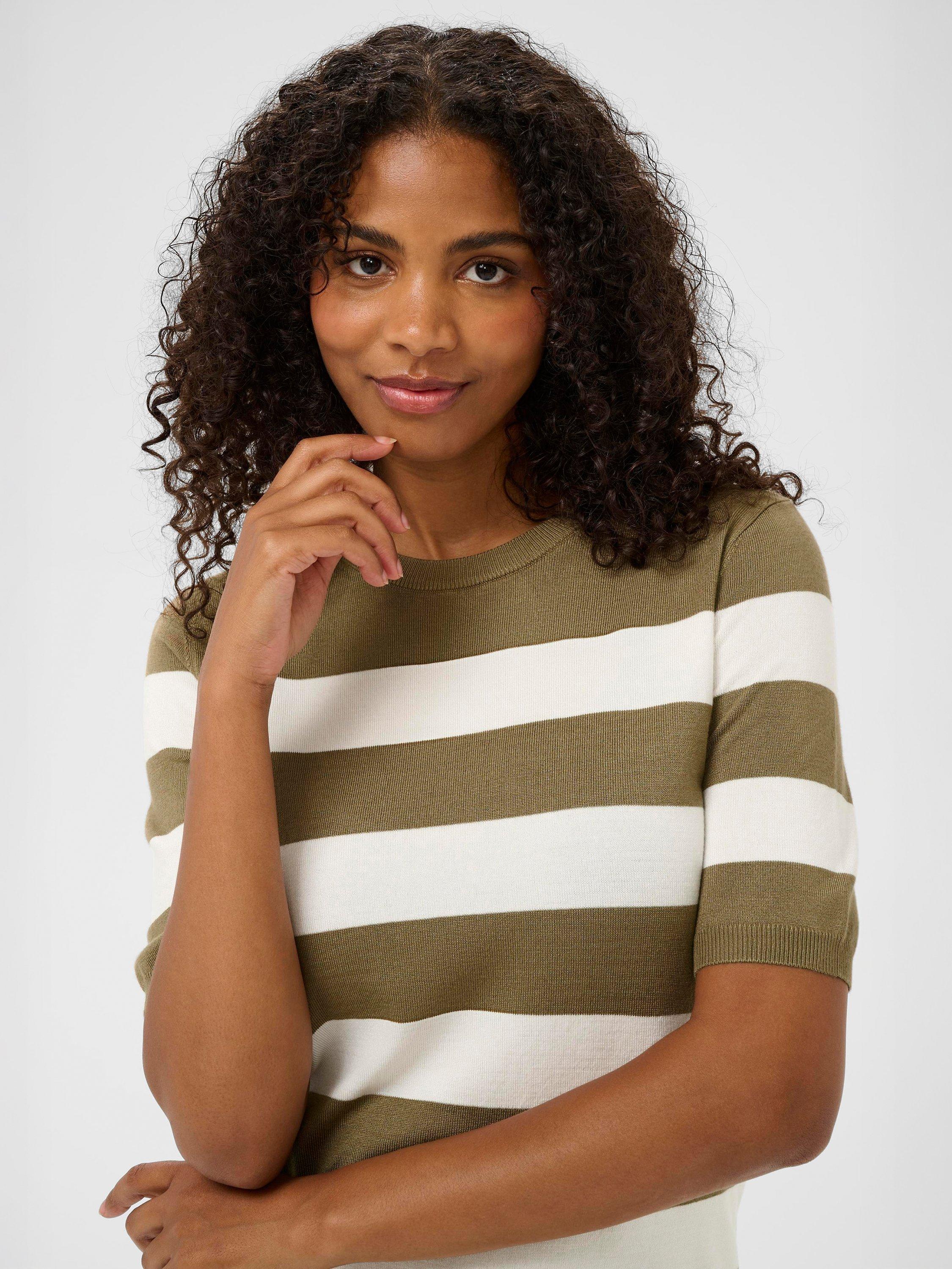 Product image 4 of 6, which shows KAFFE Lizza Stripe Crew Neck Jumper, Dusky Green/ White, XS