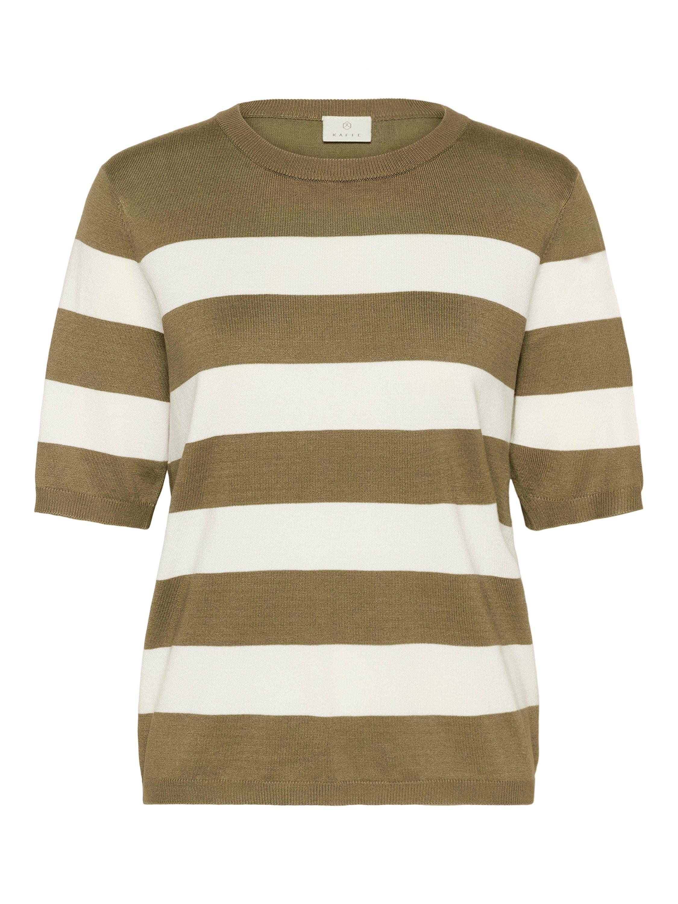 Product image 5 of 6, which shows KAFFE Lizza Stripe Crew Neck Jumper, Dusky Green/ White, XS