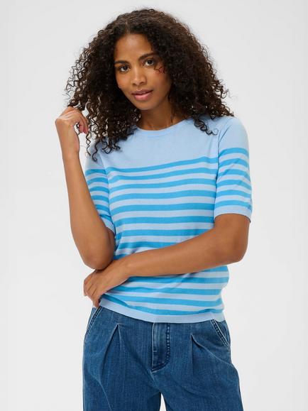 KAFFE Lizza Stripe Short Sleeve Crew Neck Jumper, Blue