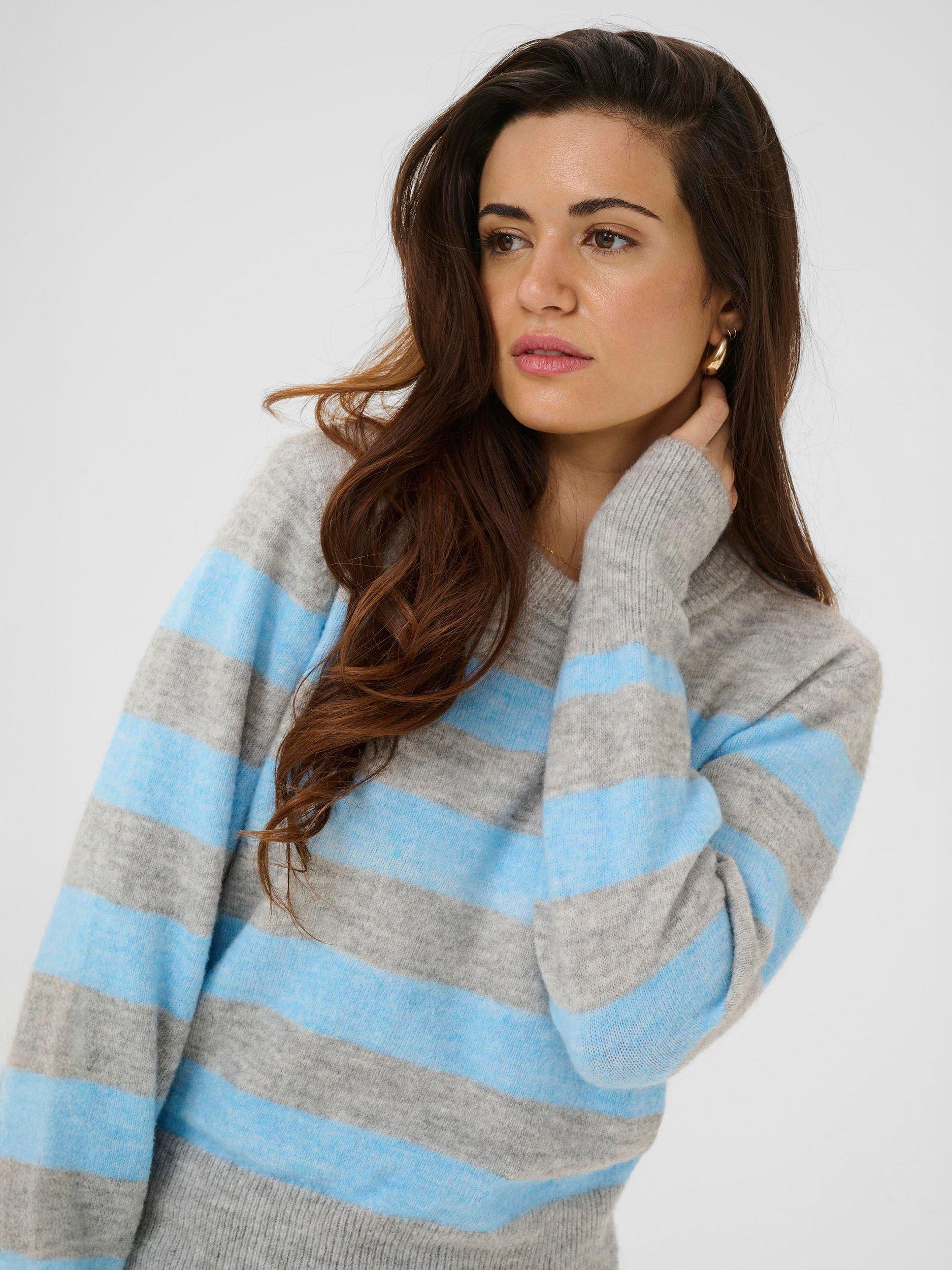Product image 4 of 6, which shows KAFFE Niel Stripe Crew Neck Jumper, Light Grey/Black, XS