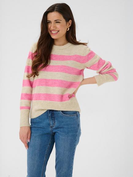 KAFFE Niel Stripe Crew Neck Jumper, Feather Grey/Pink