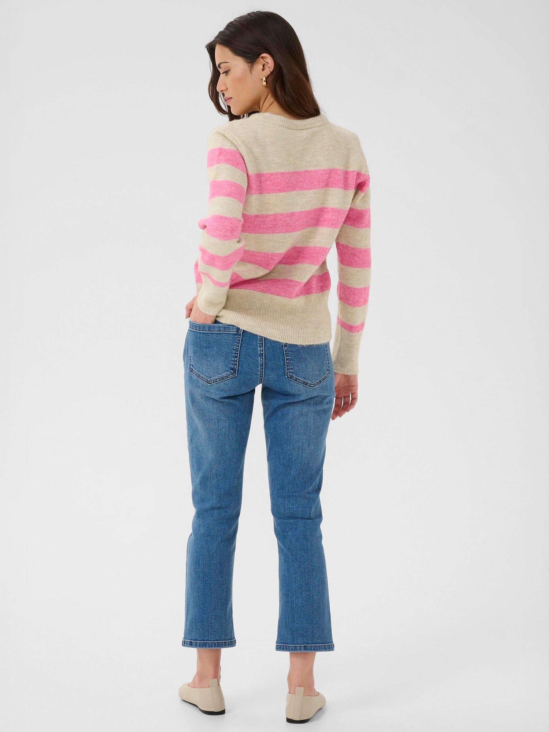 Product image 2 of 6, which shows KAFFE Niel Stripe Crew Neck Jumper, Grey/Pink, XS