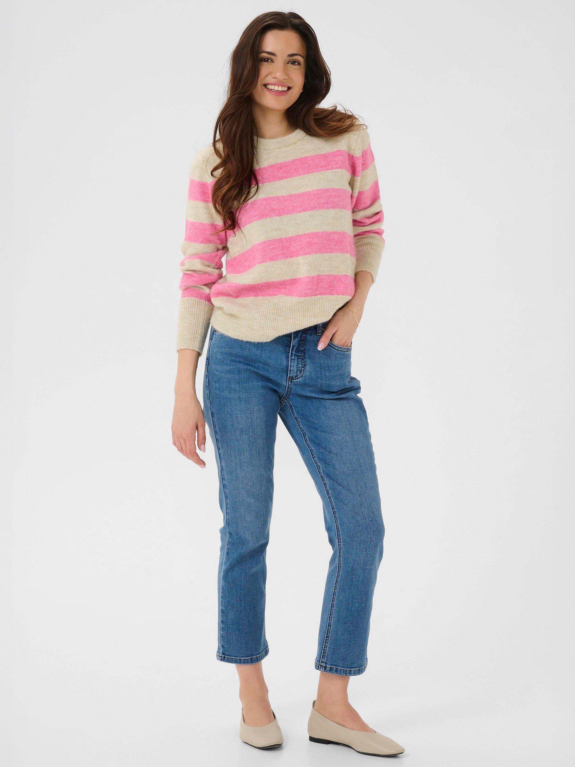 Product image 3 of 6, which shows KAFFE Niel Stripe Crew Neck Jumper, Grey/Pink, XS