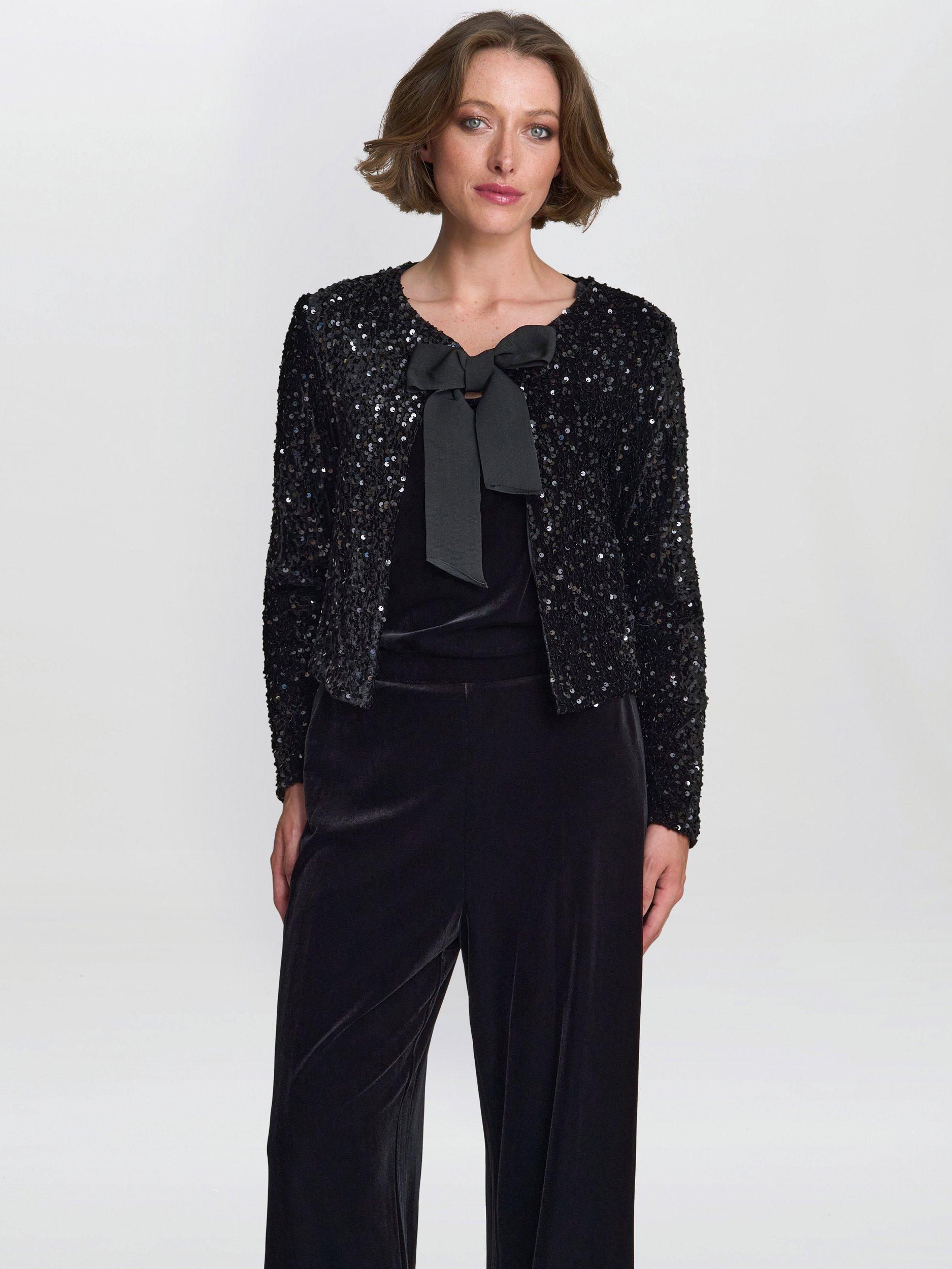 Product image 1 of 7, which shows Gina Bacconi Roxy Sequin Jacket, Black, S