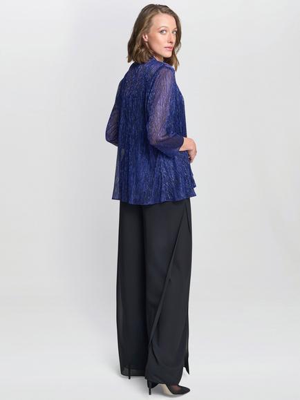 Gina Bacconi Metallic Long Sleeve Round Neck Coatigan - view 2, Black/Royal