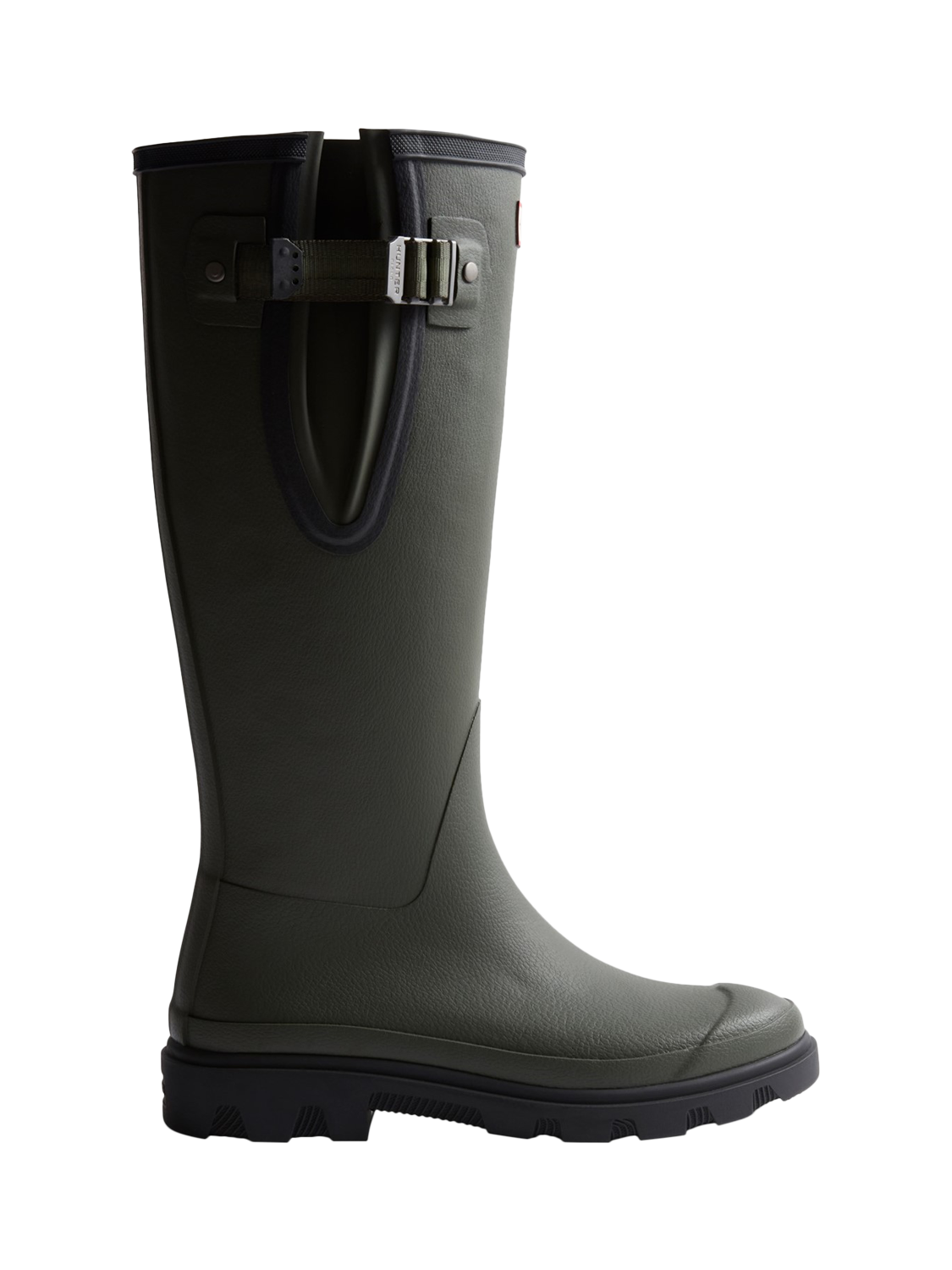 Product image 1 of 4, which shows Hunter Downpour Adjustable Waterproof Wellington Boots, Dark Olive/Black, 4