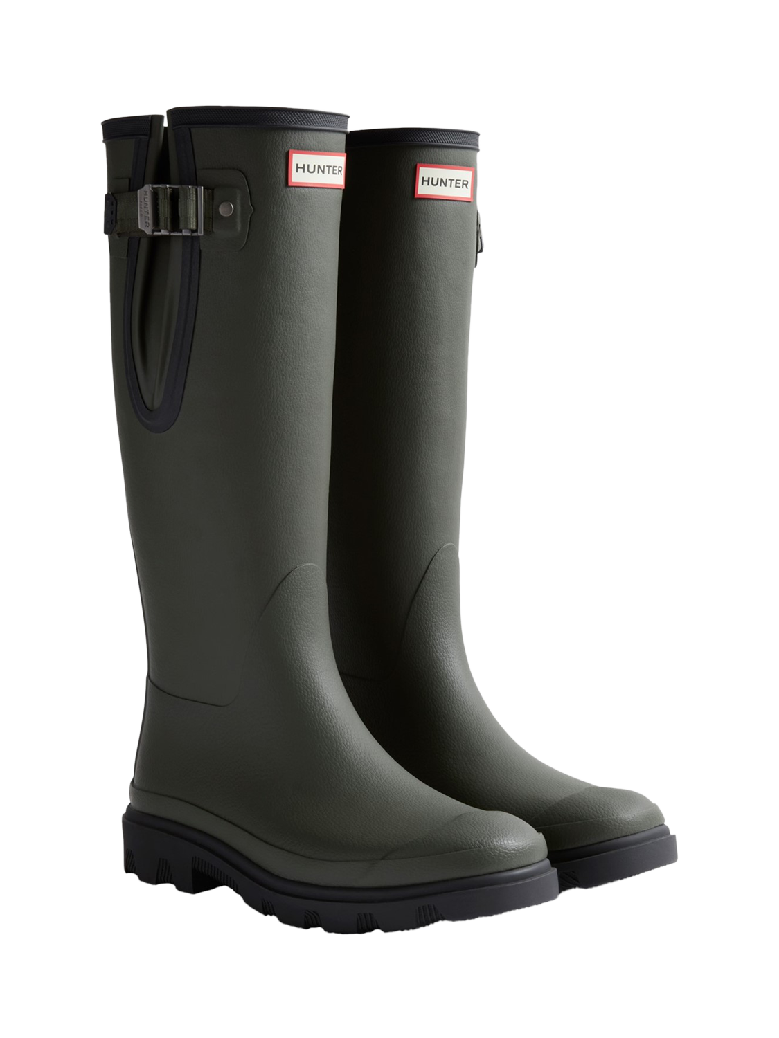 Product image 2 of 4, which shows Hunter Downpour Adjustable Waterproof Wellington Boots, Dark Olive/Black, 4
