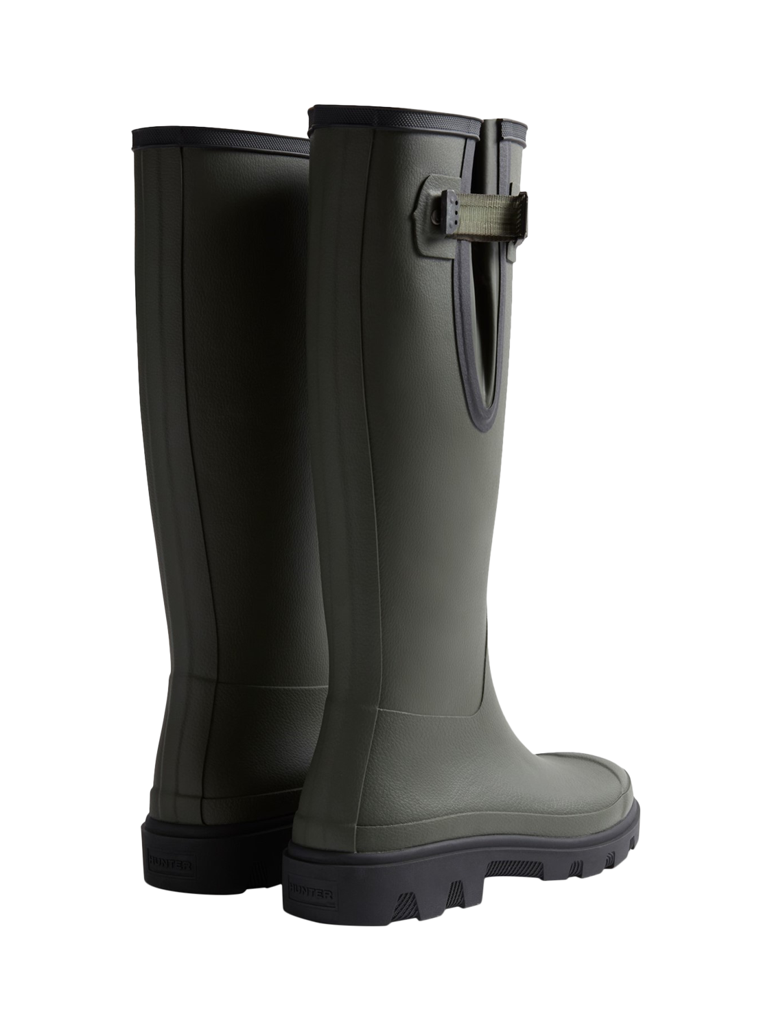 Product image 3 of 4, which shows Hunter Downpour Adjustable Waterproof Wellington Boots, Dark Olive/Black, 4