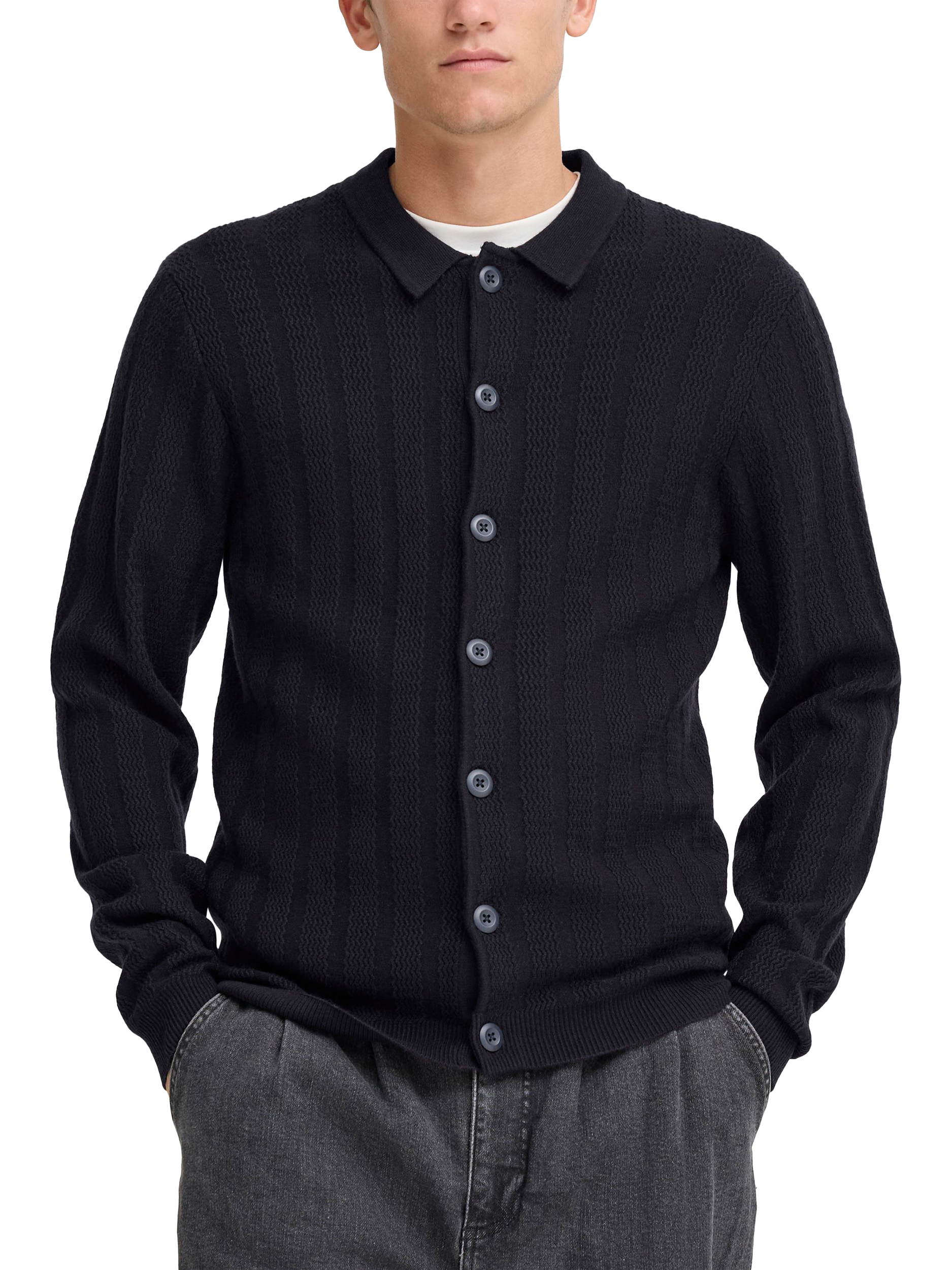 Product image 1 of 7, which shows Casual Friday Bosse Cable Knit Collared Cardigan, Dark Navy, S