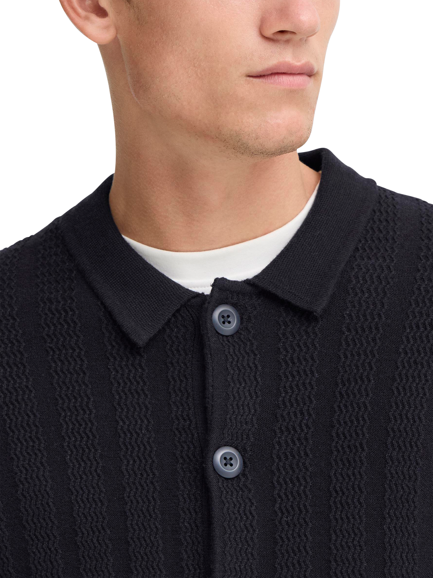 Product image 4 of 7, which shows Casual Friday Bosse Cable Knit Collared Cardigan, Dark Navy, S