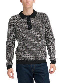 Casual Friday Wik Cotton Geometric Knitted Polo Shirt, Black Beauty
