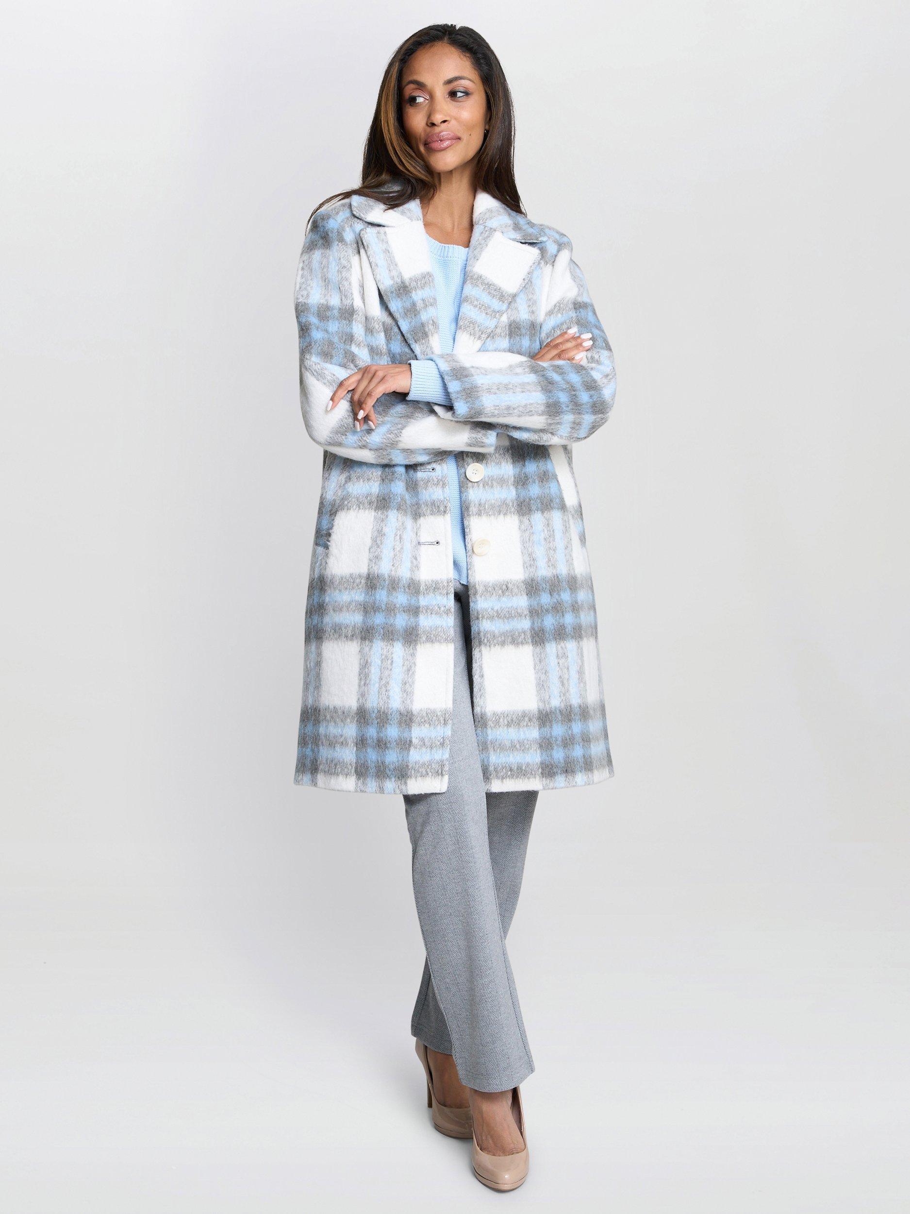 Product image 1 of 7, which shows Gina Bacconi Wool Blend Check Longline Overcoat, Blue/Grey, S