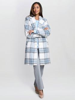 Gina Bacconi Wool Blend Check Longline Overcoat, Blue/Grey