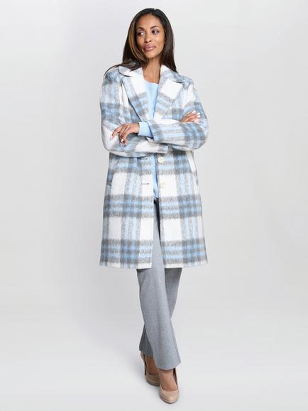 Gina Bacconi Wool Blend Check Longline Overcoat, Blue/Grey