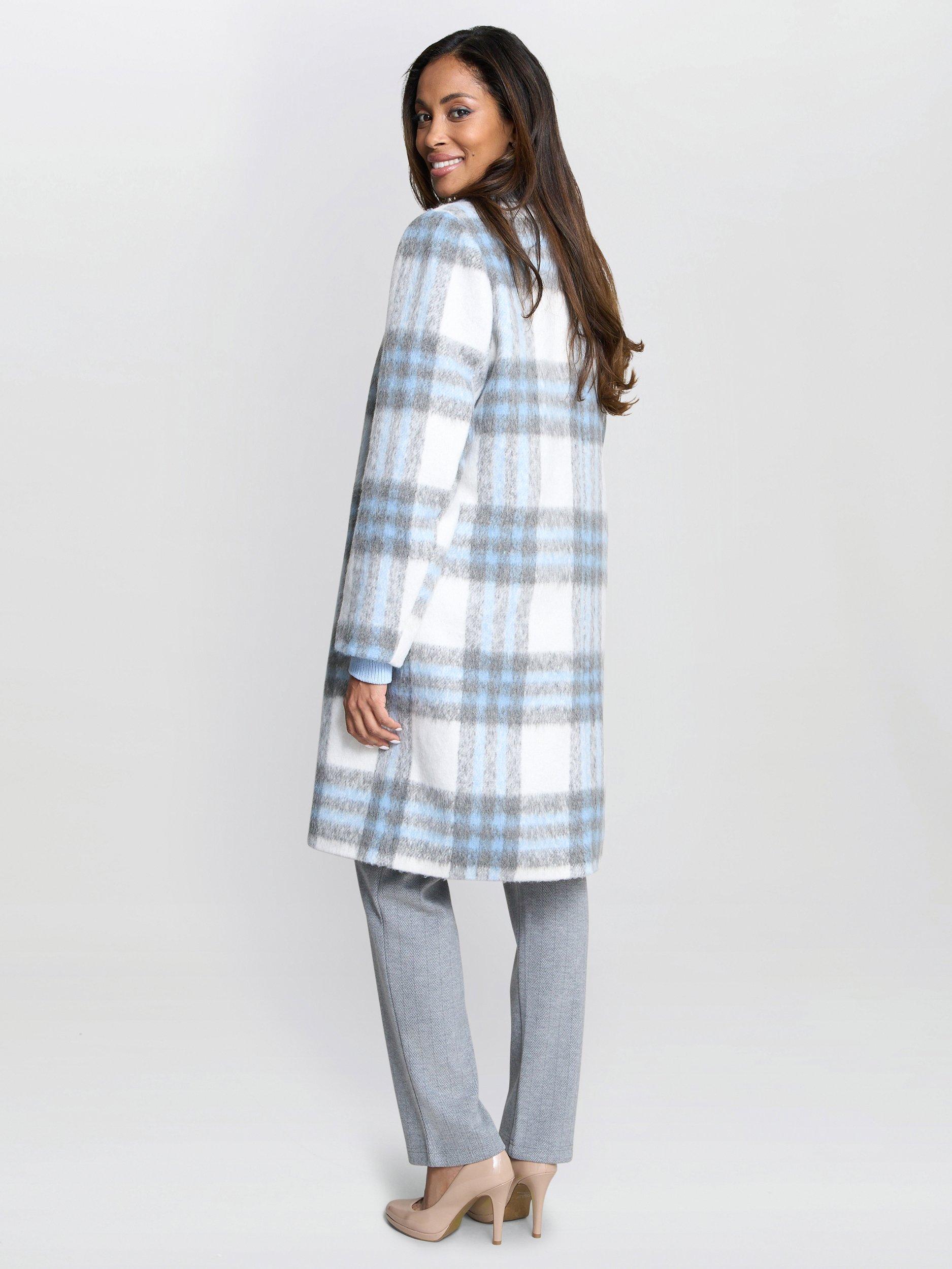 Product image 2 of 7, which shows Gina Bacconi Wool Blend Check Longline Overcoat, Blue/Grey, S