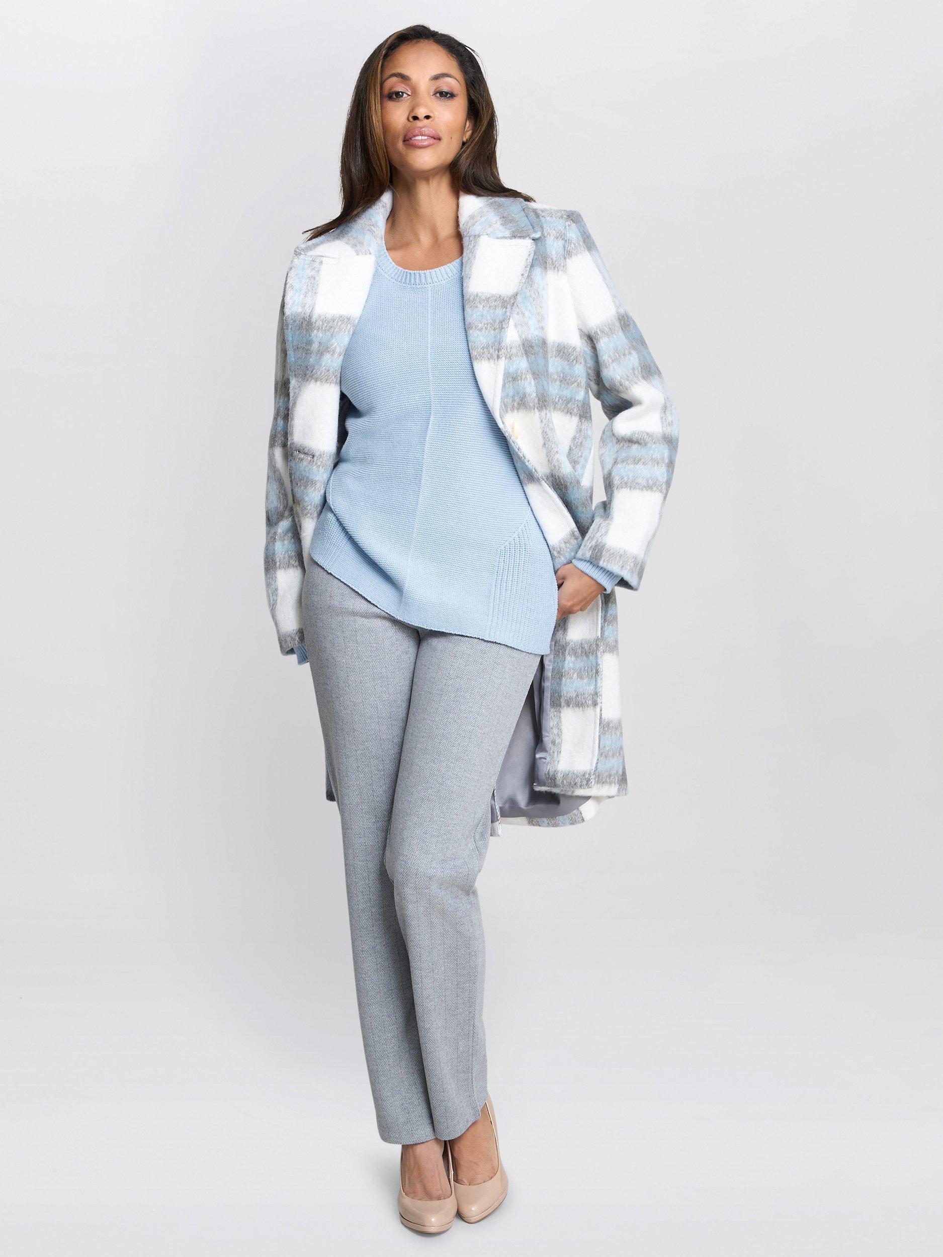 Product image 3 of 7, which shows Gina Bacconi Wool Blend Check Longline Overcoat, Blue/Grey, S
