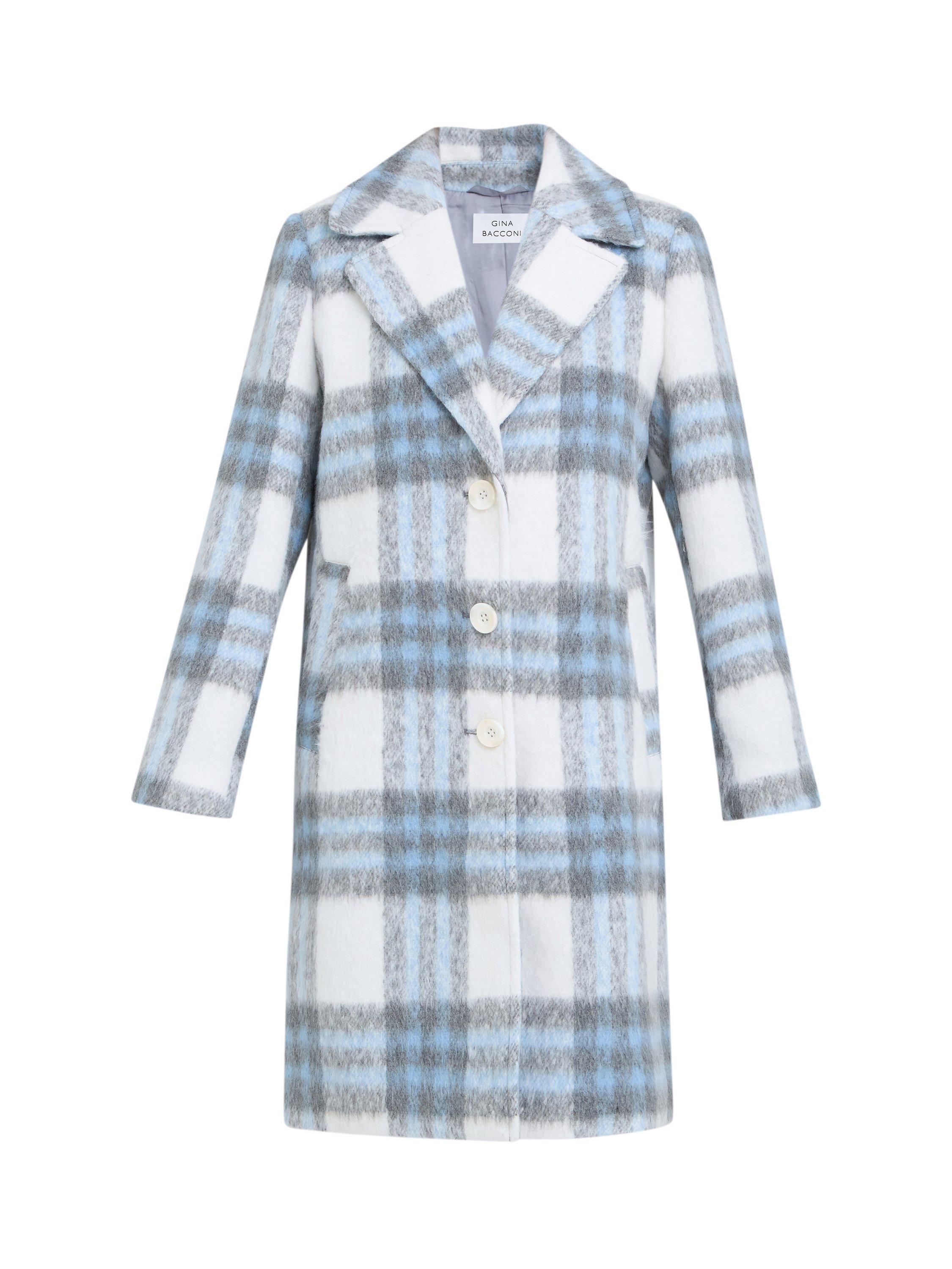 Product image 4 of 7, which shows Gina Bacconi Wool Blend Check Longline Overcoat, Blue/Grey, S
