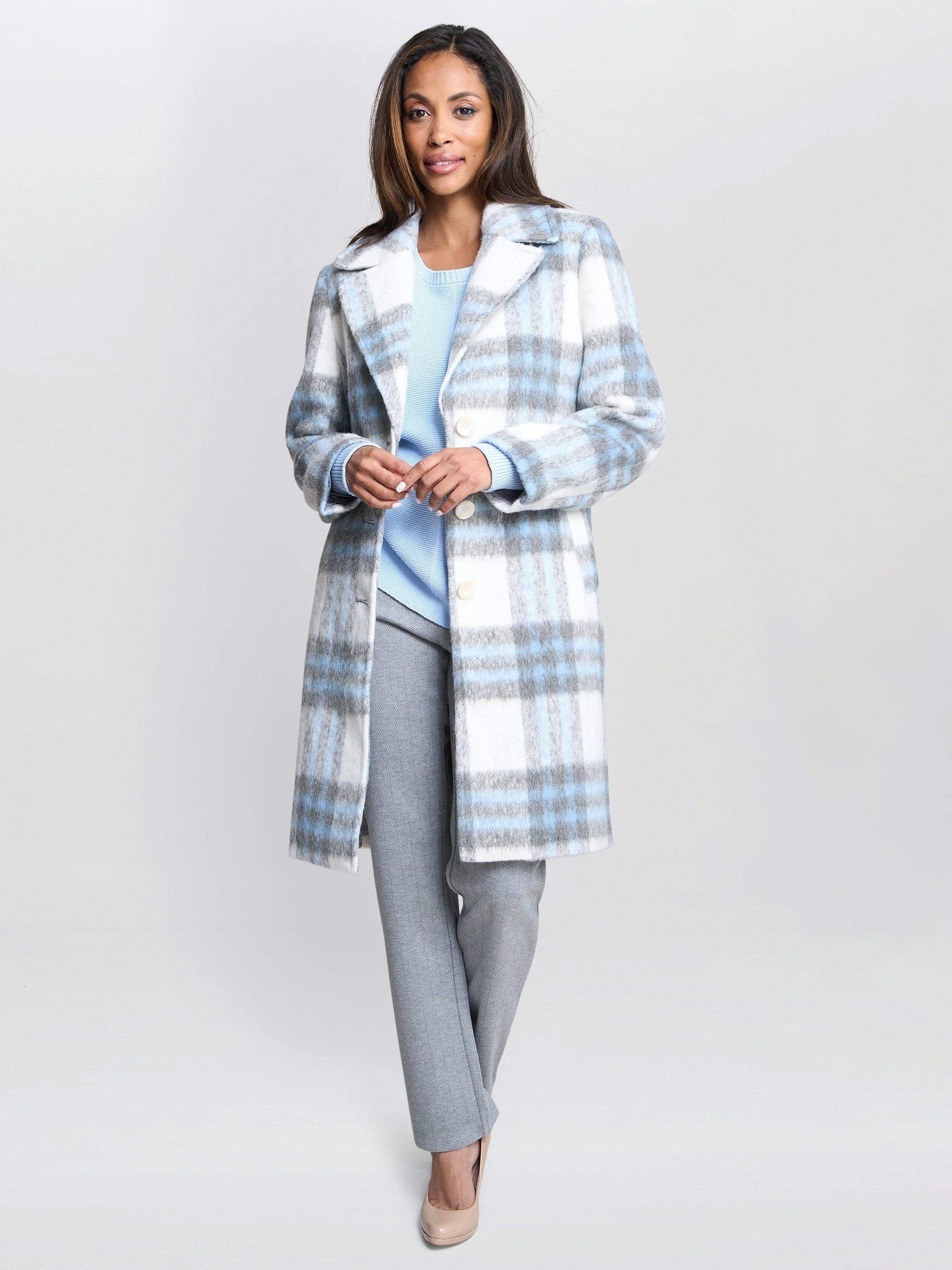 Product image 7 of 7, which shows Gina Bacconi Wool Blend Check Longline Overcoat, Blue/Grey, S