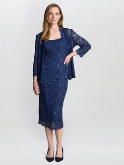 Gina Bacconi Sleeveless Square Neck Lace Midi Shift Dress, Navy