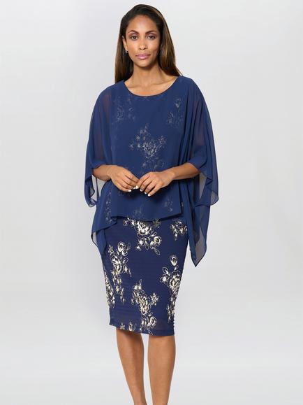 Gina Bacconi Metallic Three Quarter Sleeve Round Neck Shift Midi Dress, Navy/Gold