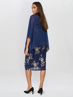 Gina Bacconi Metallic Three Quarter Sleeve Round Neck Shift Midi Dress - view 2, Navy/Gold