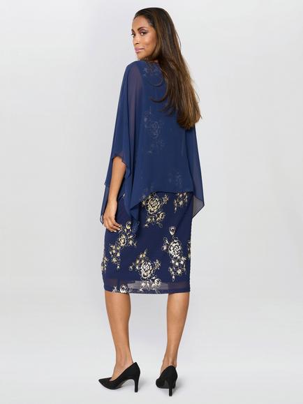 Gina Bacconi Metallic Three Quarter Sleeve Round Neck Shift Midi Dress - view 2, Navy/Gold