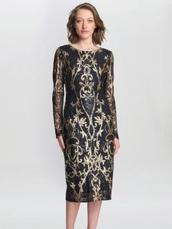 Gina Bacconi Metallic Long Sleeve Round Neck Midi Shift Dress, Black/Gold