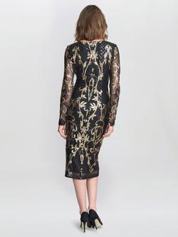 Gina Bacconi Metallic Long Sleeve Round Neck Midi Shift Dress - view 2, Black/Gold
