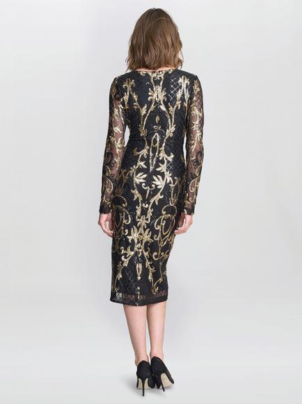 Gina Bacconi Metallic Long Sleeve Round Neck Midi Shift Dress - view 2, Black/Gold