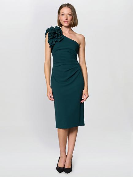 Gina Bacconi One Shoulder Asymmetric Neck Ruffle Midi Dress, Green