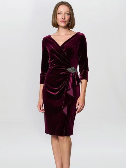 Gina Bacconi Three Quarter Sleeve V Neck Ruched Midi Sheath Dress, Wine