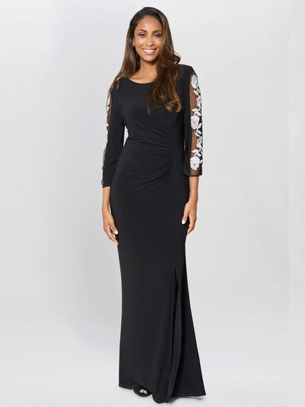 Gina Bacconi Suzie Embroidered Sleeve Maxi Dress, Black/Ivory, Black/Ivory