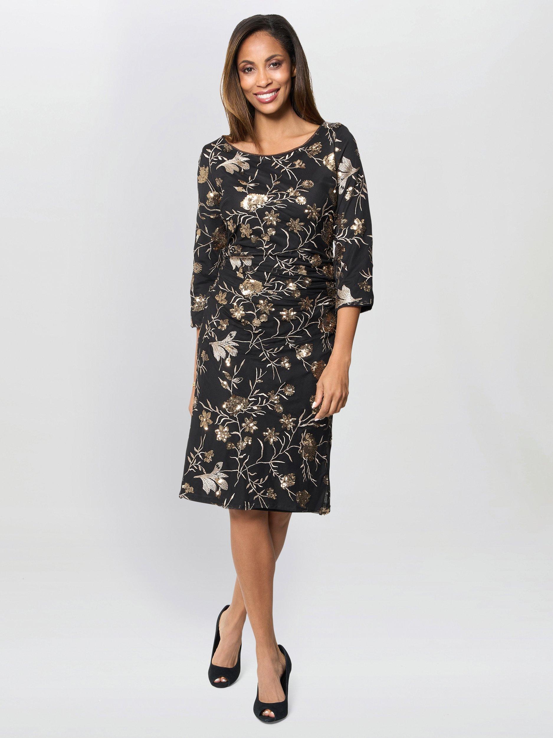 Product image 1 of 5, which shows Gina Bacconi Sequin Floral Fitted Dress, Black/Multi, 8