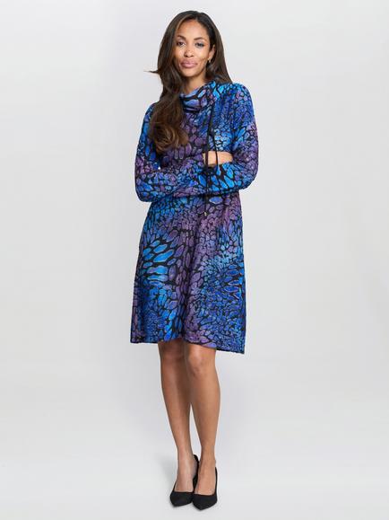 Gina Bacconi Animal Print Long Sleeve Funnel Neck Midi Dress, Blue