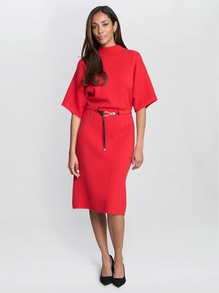Gina Bacconi Alaura Belted Knit Midi Dress, Red