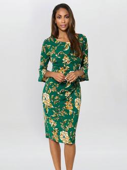 Gina Bacconi Floral Three Quarter Sleeve Round Neck Midi Dress, Green/Multi