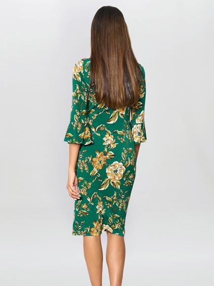 Gina Bacconi Floral Three Quarter Sleeve Round Neck Midi Dress - view 2, Green/Multi