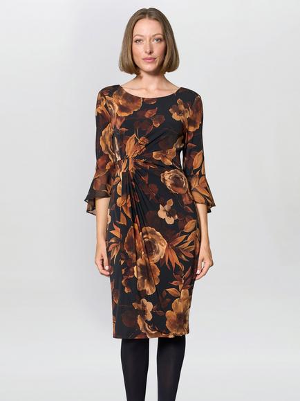 Gina Bacconi Floral Three Quarter Sleeve Round Neck Ruched Midi Dress, Rust