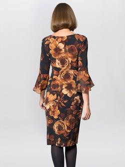 Gina Bacconi Floral Three Quarter Sleeve Round Neck Ruched Midi Dress - view 2, Rust