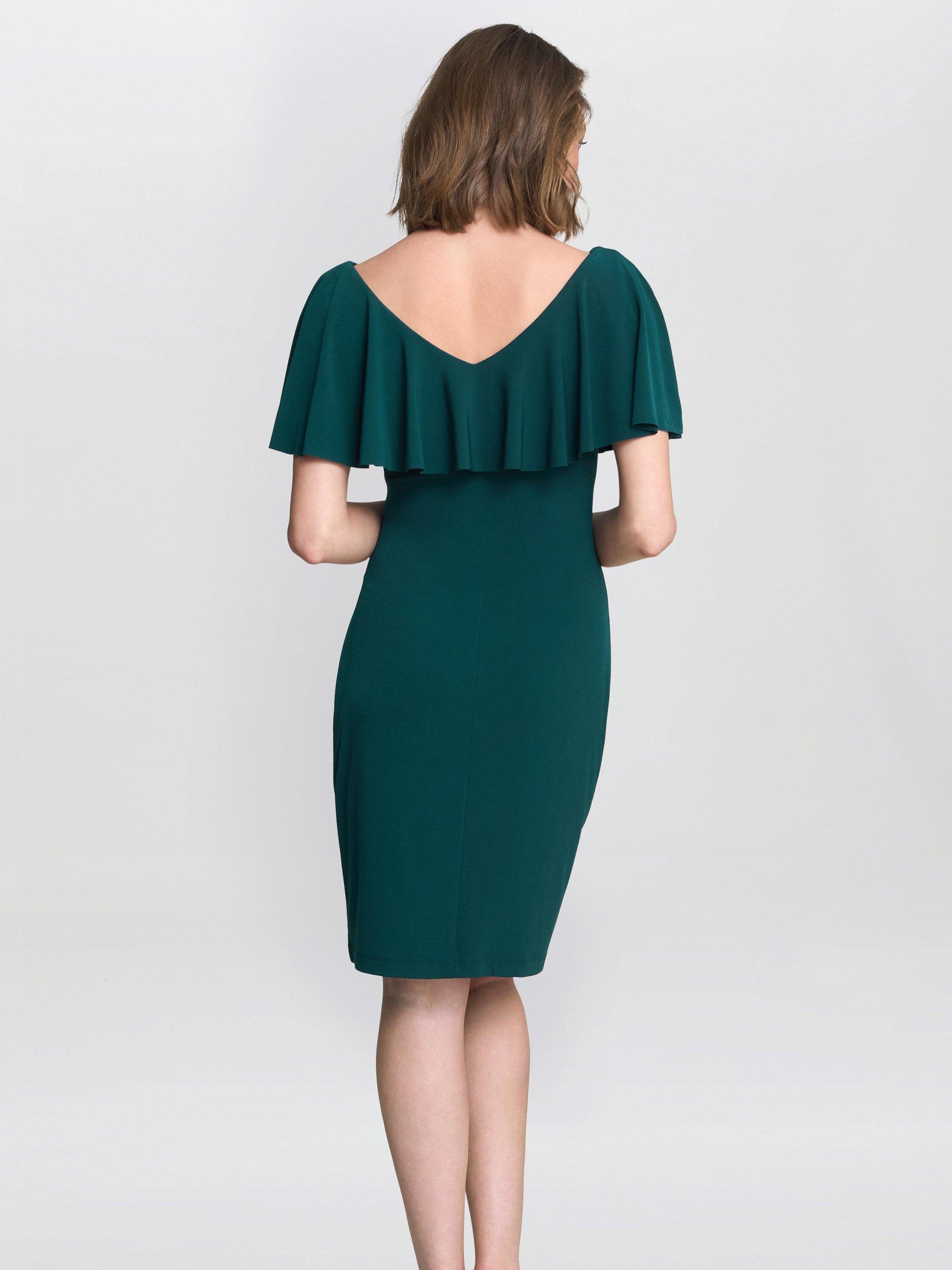 Gina Bacconi Frill Neckline Dress, Bottle Green