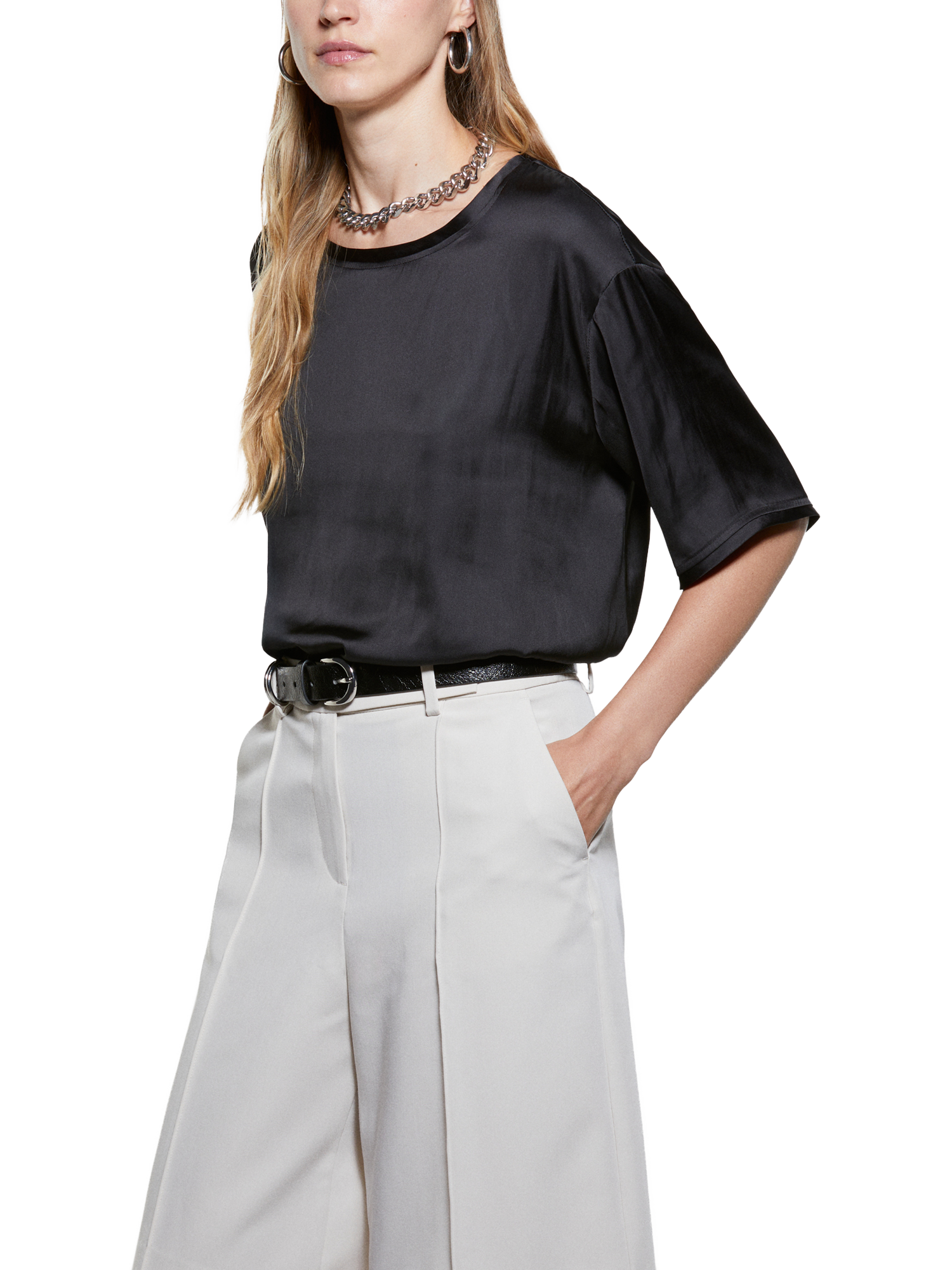 Product image 1 of 3, which shows SISLEY Round Neck Satin Top, Black, XS