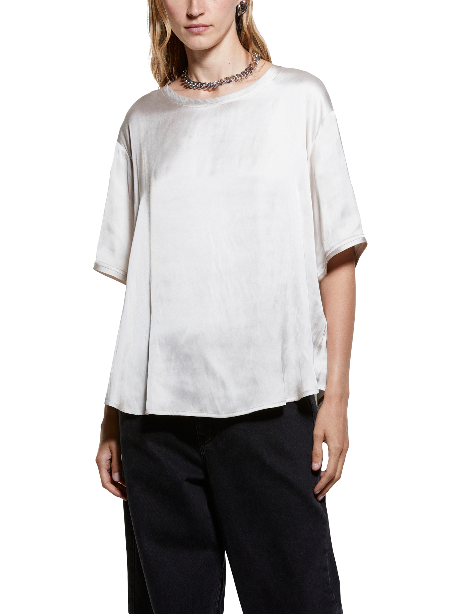 Product image 1 of 3, which shows SISLEY Round Neck Satin Top, Ecru, XS