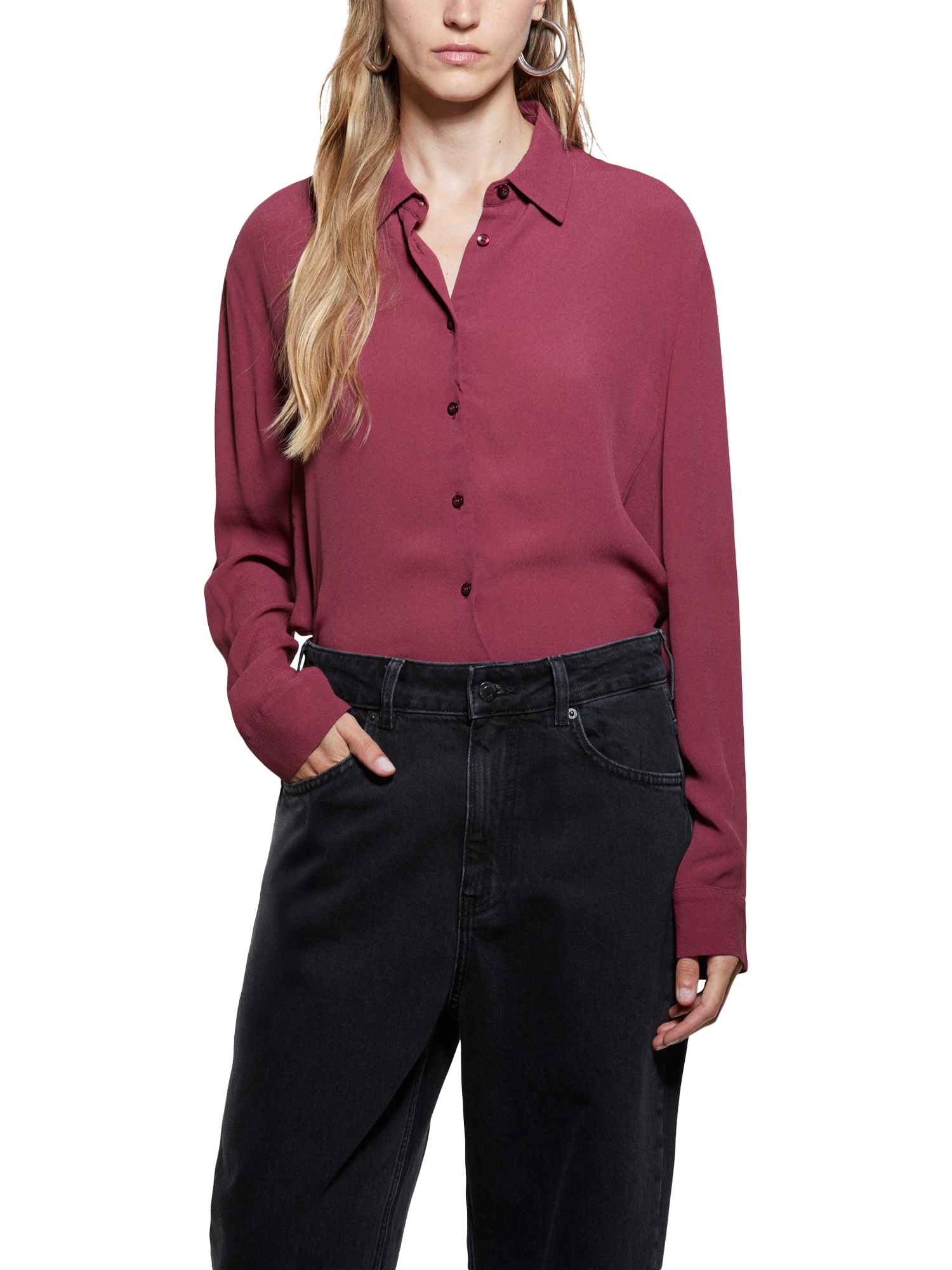 Product image 1 of 3, which shows SISLEY Oversized Buttoned Shirt , Bordeaux, XS