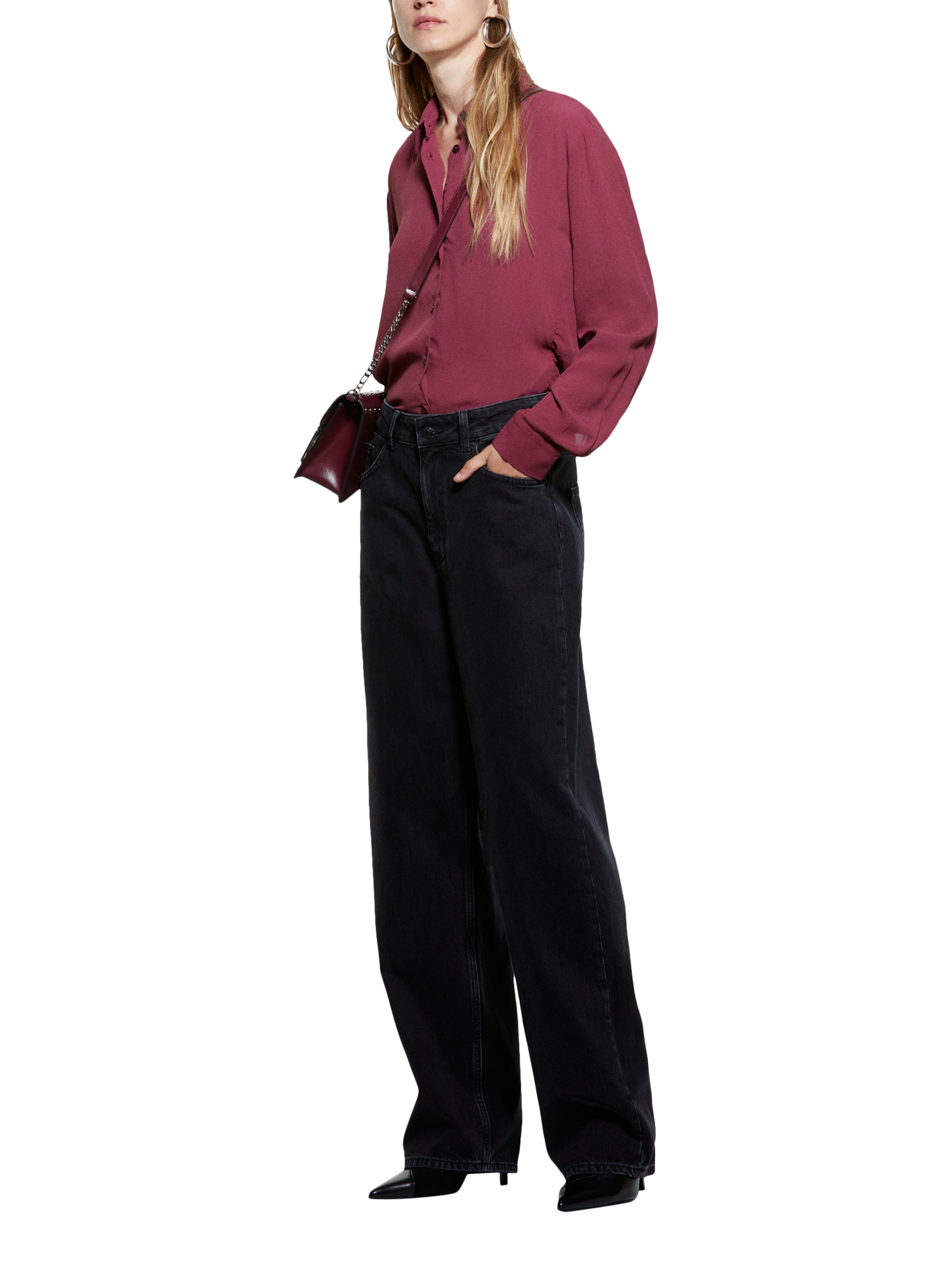 Product image 3 of 3, which shows SISLEY Oversized Buttoned Shirt , Bordeaux, XS