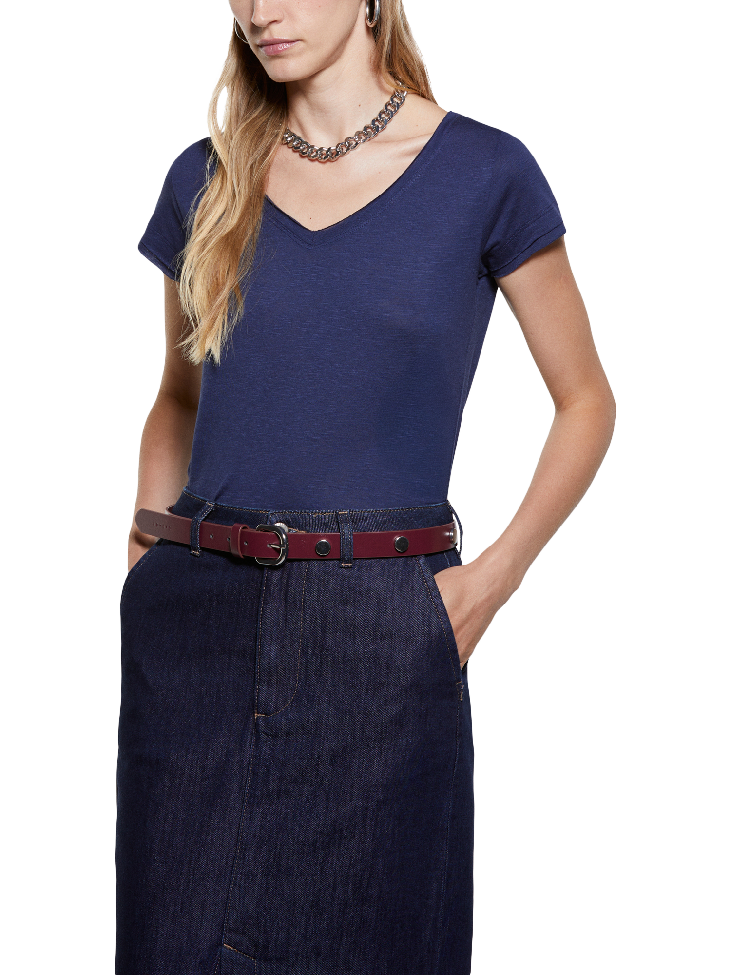 Product image 1 of 3, which shows SISLEY V-Neck Cotton Blend T-Shirt , Night Blue, XS