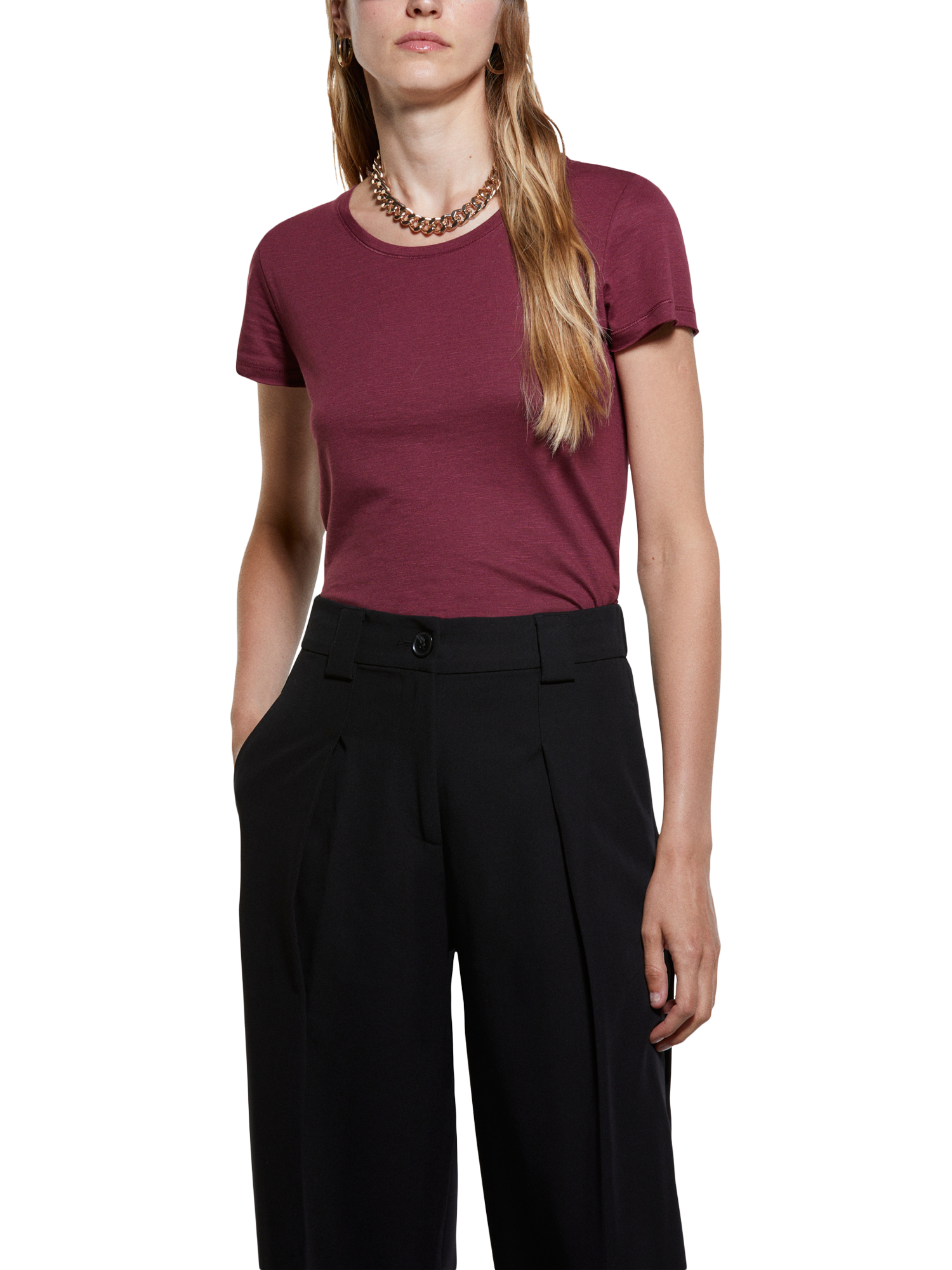 Product image 1 of 3, which shows SISLEY Crew Neck Cotton Blend T-Shirt, Bordeaux, L