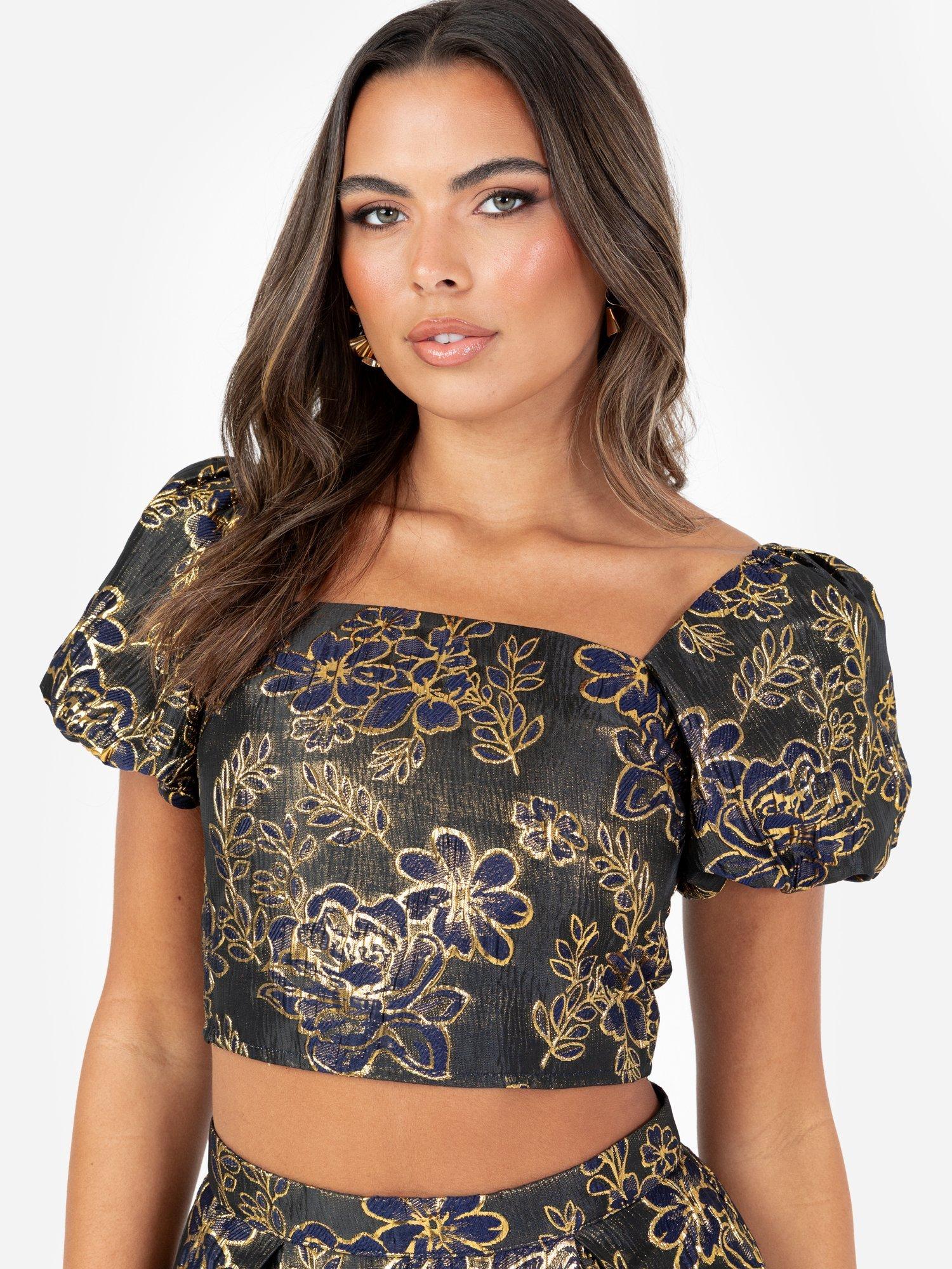 Product image 1 of 5, which shows Maya Deluxe Floral Jacquard Crop Top, Navy/Multi, 6