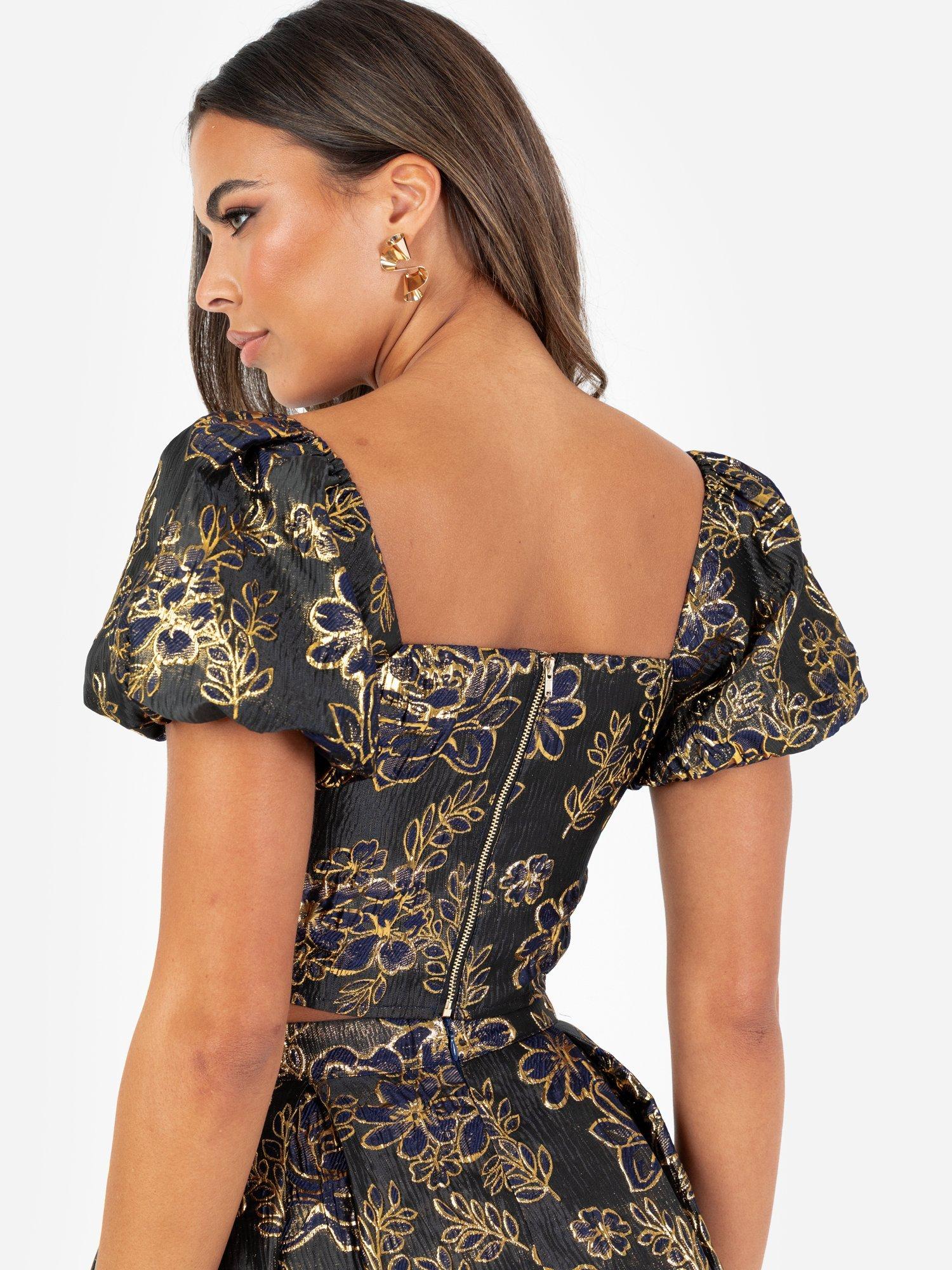 Product image 4 of 5, which shows Maya Deluxe Floral Jacquard Crop Top, Navy/Multi, 6